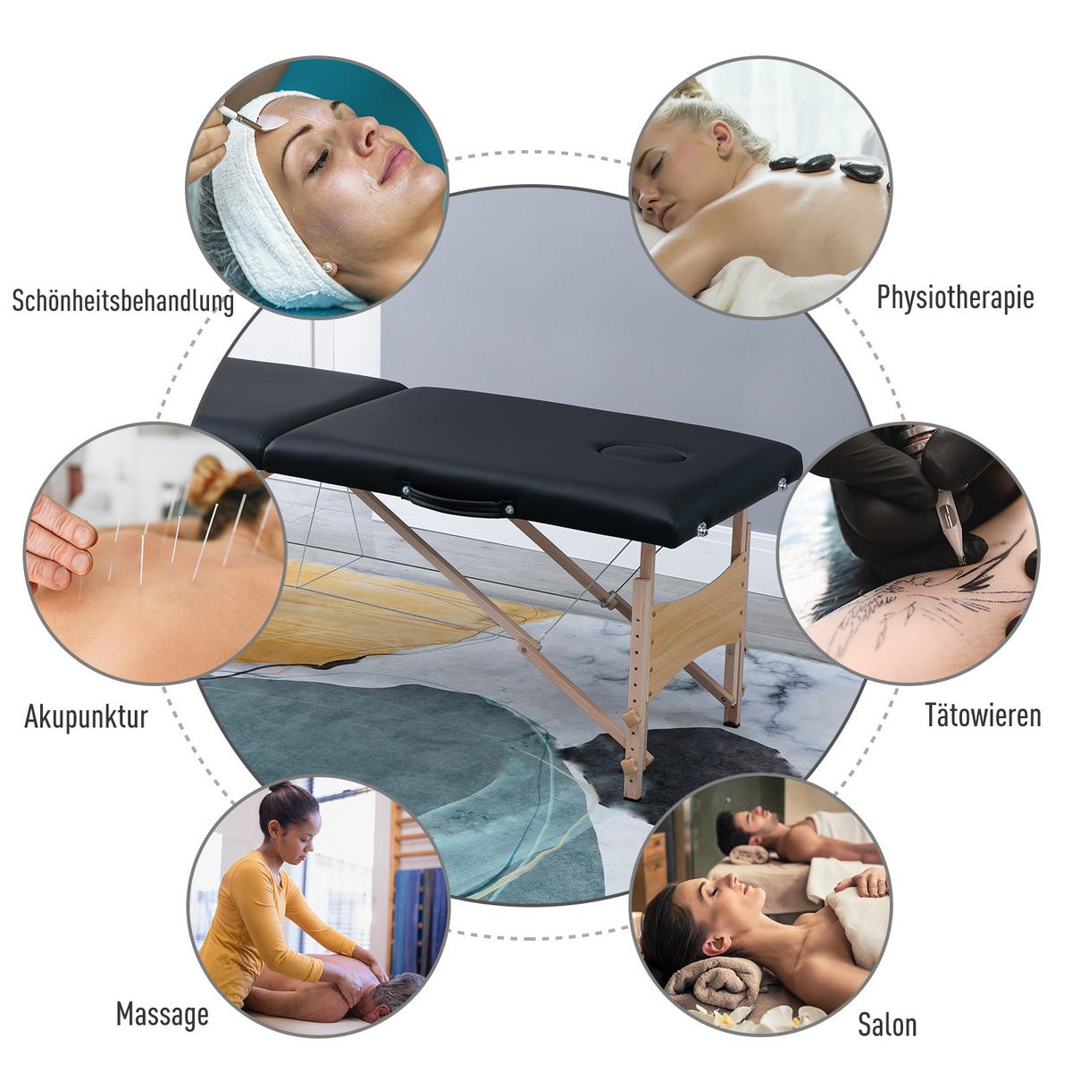 MASSAGELIEGE Mobiler Massagetisch Höhenverstellbar Kosmetik Bank Holz Schwarz - Schwarz, Kunststoff (60/58/186cm) - HOMCOM