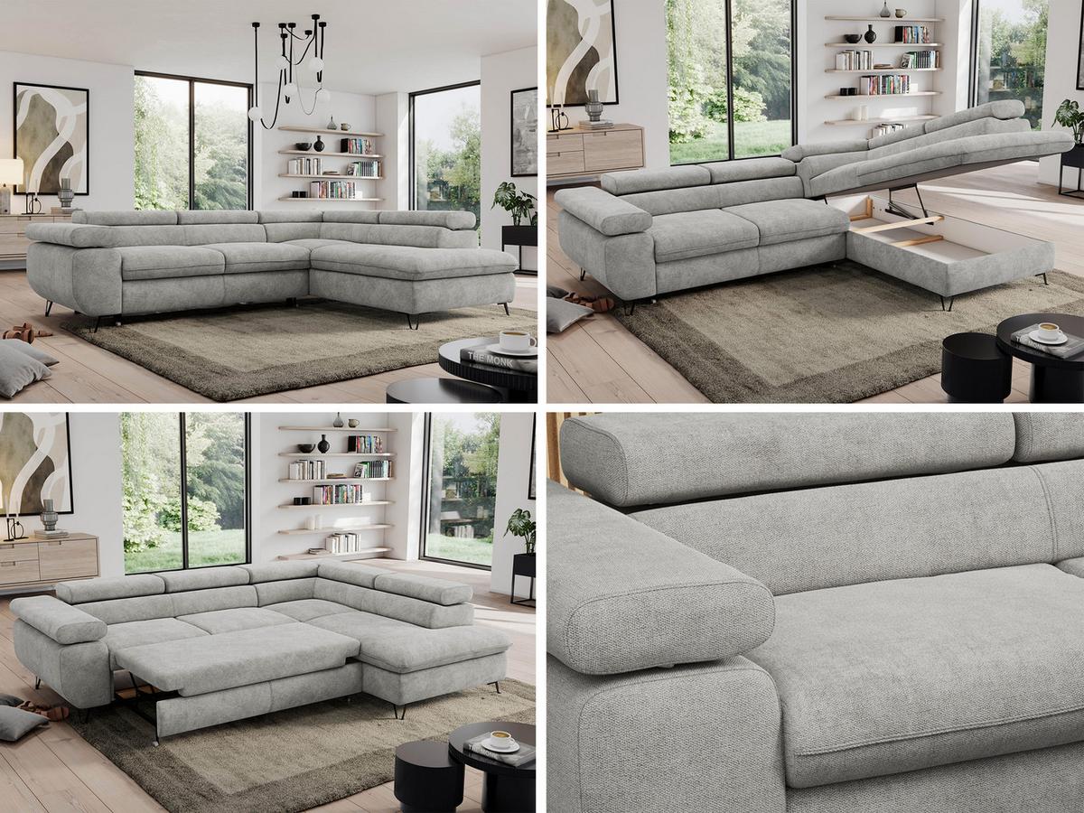 ECKSOFA PEDRO L Hellgrau Struktur - Rechts Seite - Hellgrau/Schwarz, Textil/Metall (273/208cm) - MKS