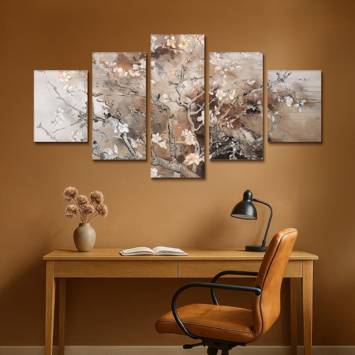 LEINWANDBILD 5er Set Mandelblüte - Abstrakt - Beige 150x80 cm - Beige, Textil (150/80cm) - MuchoWow