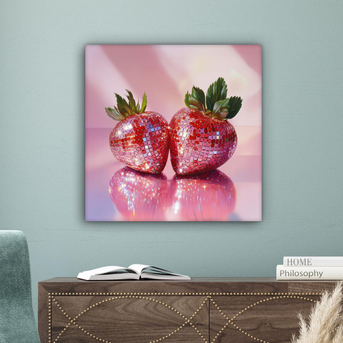 LEINWANDBILD Disco - Obst - Glitzer - Erdbeere Wandbild Wohnzimmer 50x50 cm - Pink, Textil (50/50cm) - MuchoWow