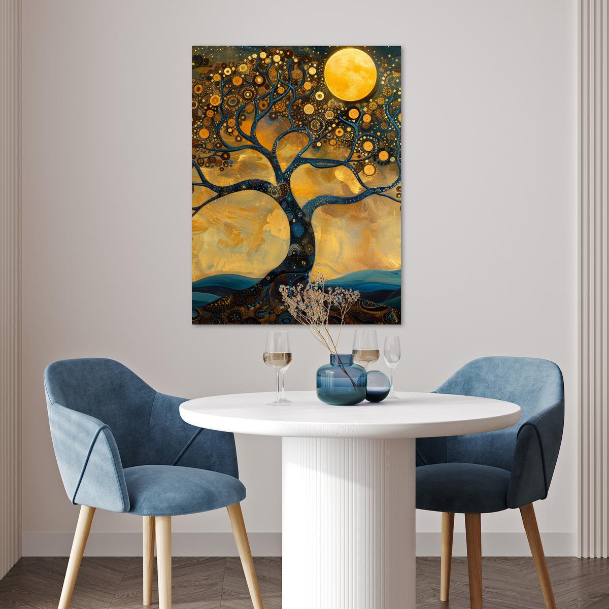 POSTER Baum - Mond - Blumen - Gold - Kunst Deko Wohnzimmer 60x80 cm - Orange, Papier (60/80/0.1cm) - MuchoWow