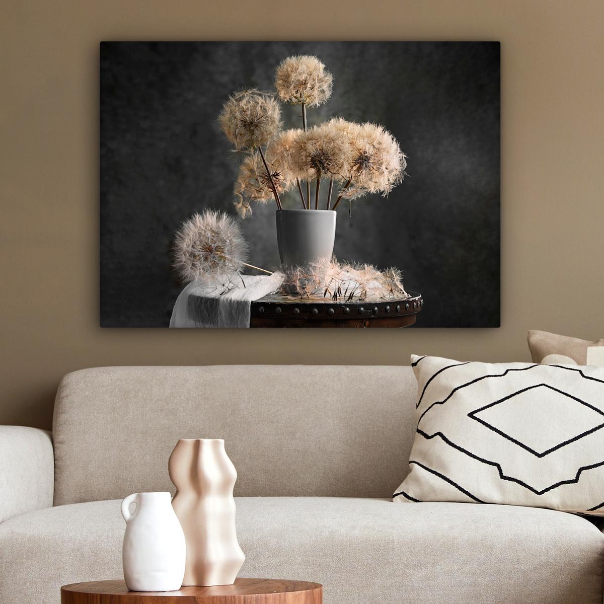 LEINWANDBILD Blumensamen - Löwenzahn - Vase - Stilleben - Blumenstrauß Wandbilder 80x60 cm - Dunkelgrau, Textil (80/60cm) - MuchoWow