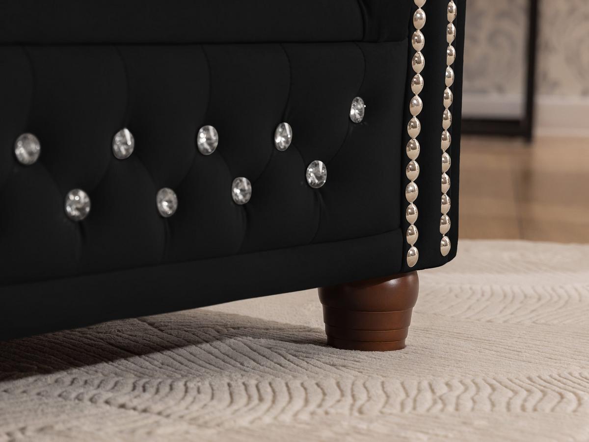 ECKSOFA mit Schlaffunktion Chesterfield Schwarz Samt mit Kristallsteppung und braunen Massivholzfüßen - Ottomane Links - Schwarz/Braun, Holz/Textil (264/210cm) - S-Style Möbel