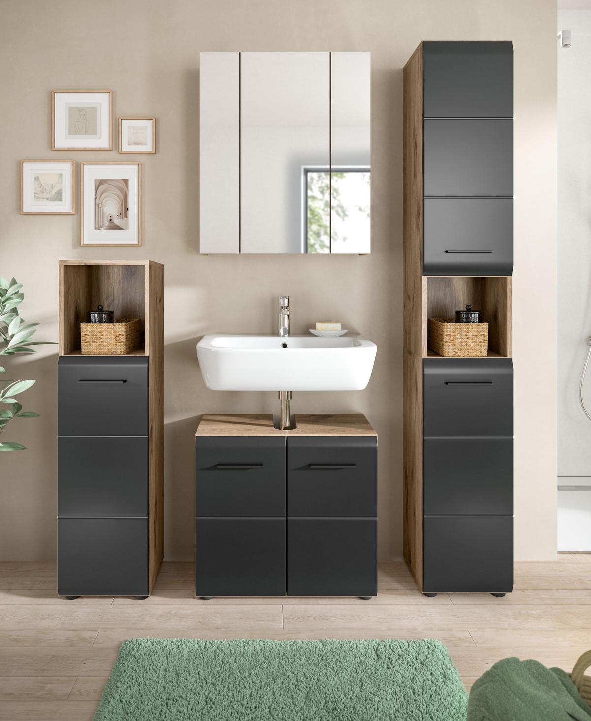 BADMÖBEL-SET Schwarz matt, Eiche Nox, Badezimmer 4-teilig 150 x 185 cm mit viel Stauraum - Eichefarben/Schwarz, Glas/Holzwerkstoff (150/185/30cm) - Inn.Furn