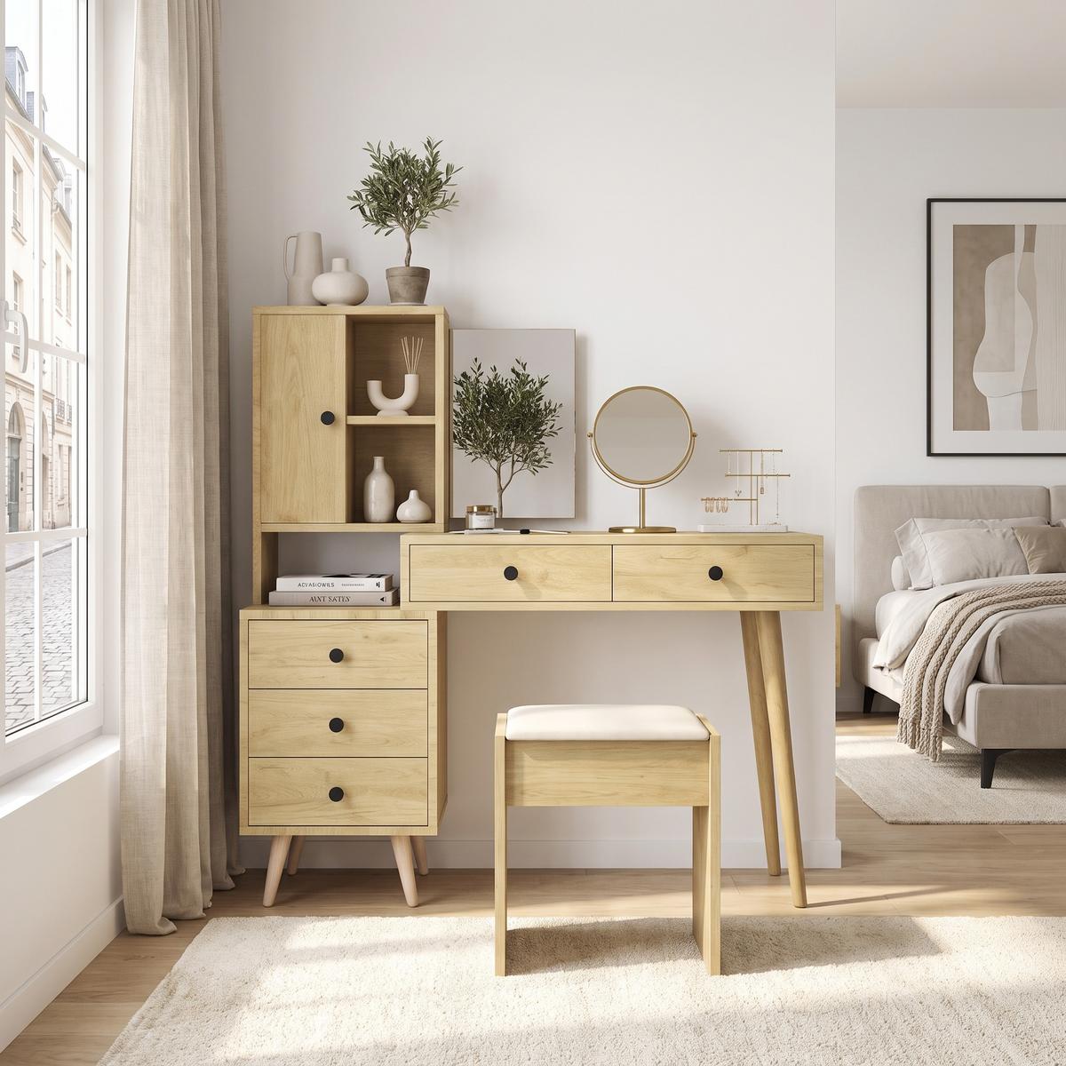 SCHMINKTISCH mit Hocker Naturholzoptik mit versenkbarem Spiegel, 5 Schubladen - Naturfarben, Holzwerkstoff (123/120/40cm) - Urban Meuble