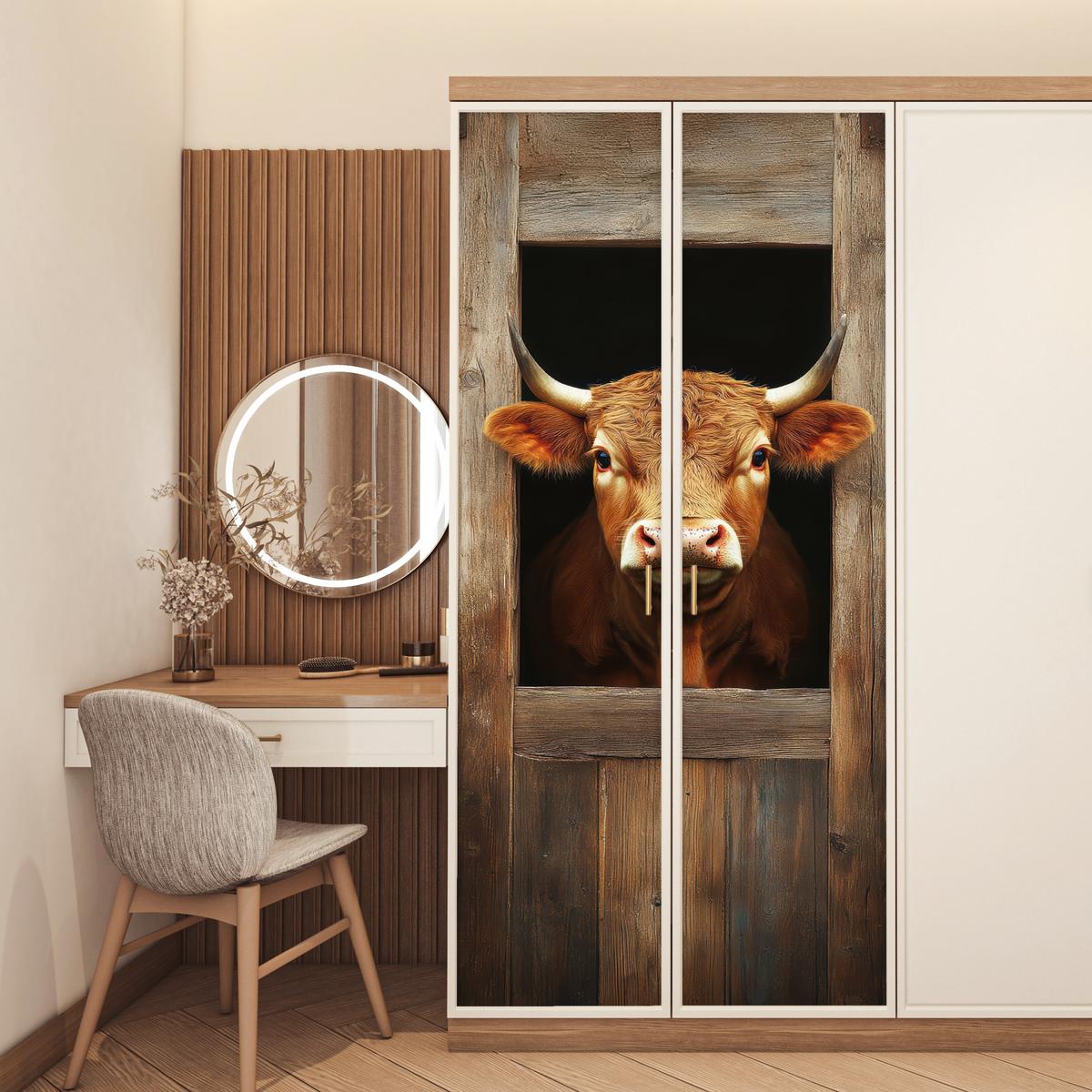 TÜRAUFKLEBER Kuh - Fenster - Holz - Tiere 90x215 cm - Türtapete - Wengefarben, Kunststoff (90/0.1cm) - MuchoWow