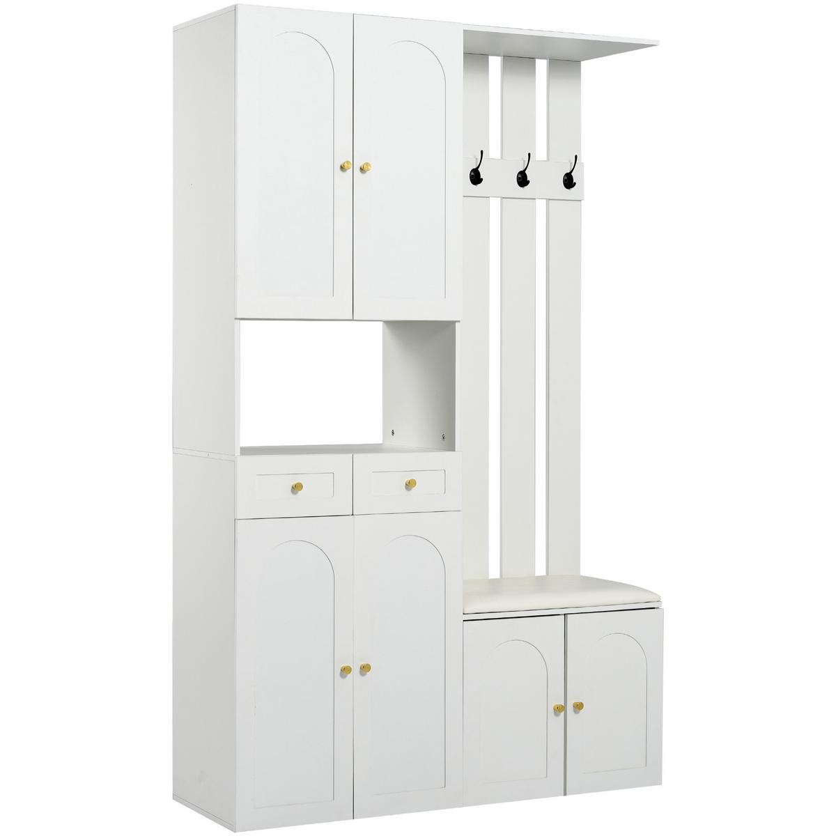 KLEIDERSCHRANK Wandgarderobe mit Schuhbank, 4 Haken, 6 Türen, 2 Schubladen, Weiß - Weiß, Holzwerkstoff (110/180/37cm) - Urban Meuble