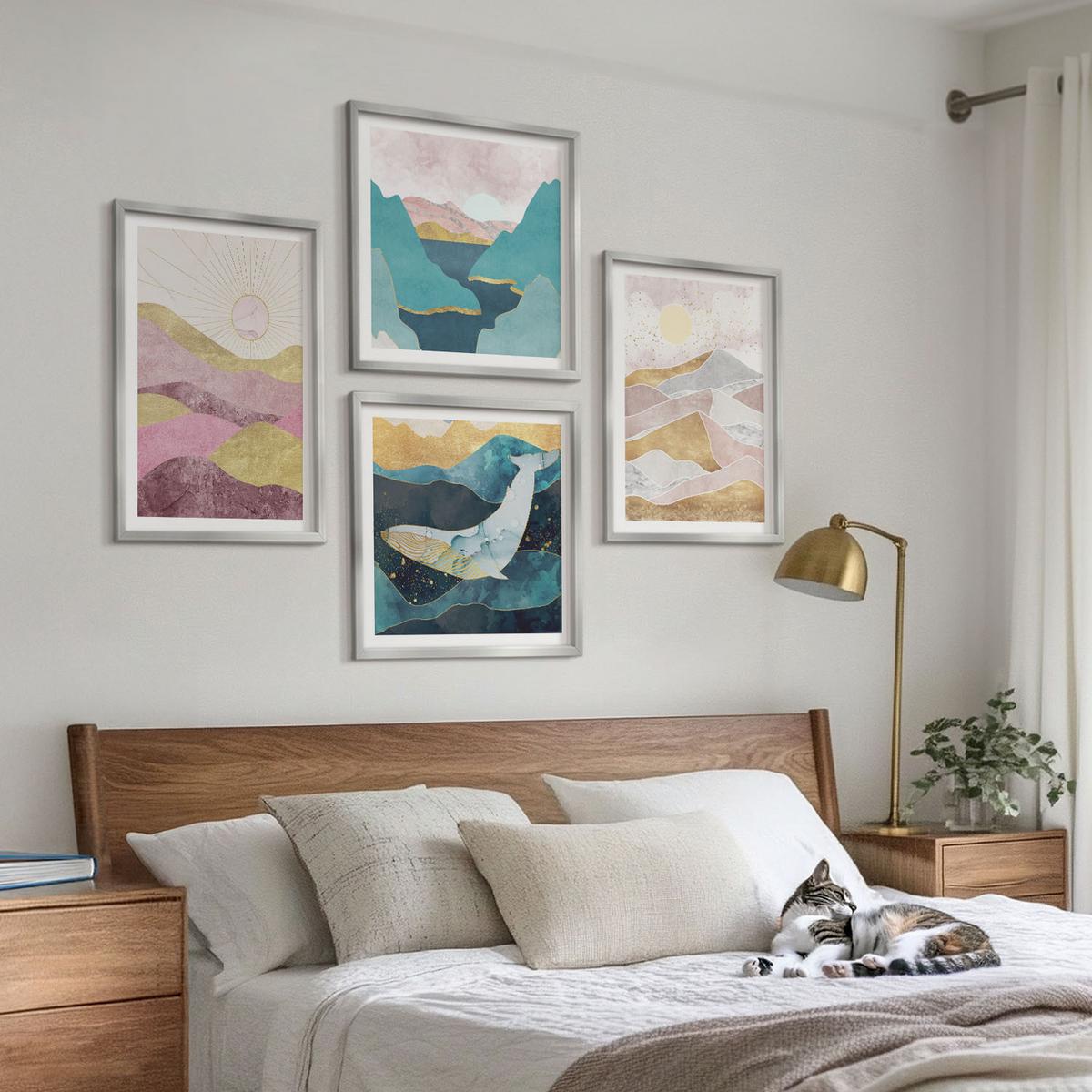 BILDER SET 4er Set - 50x50 cm & 40x60 cm Silberner Rahmen - Abstrakte Berge Sonne - Silberfarben, Kunststoff (50/50cm) - TULUP