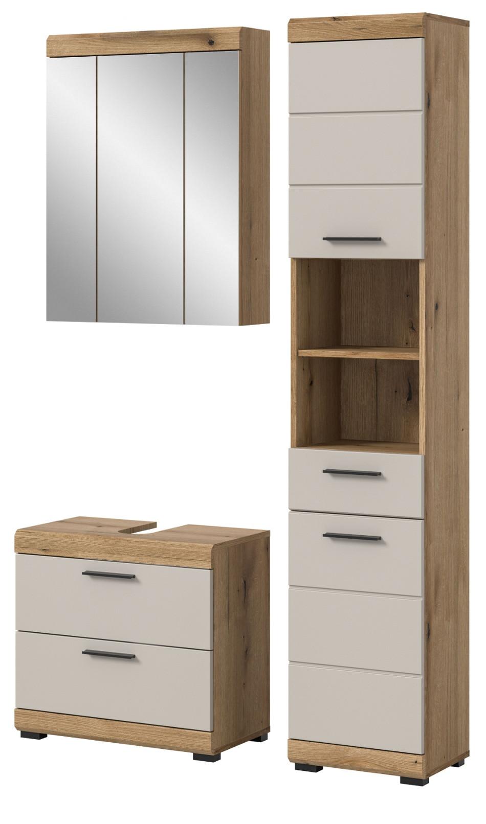 BADMÖBEL-SET Sand Kaschmir, Evoke Eiche, Badkombination 112 cm 3-teilig - Kaschmir/Eichefarben, Glas/Holzwerkstoff (112/191/34cm) - Inn.Furn