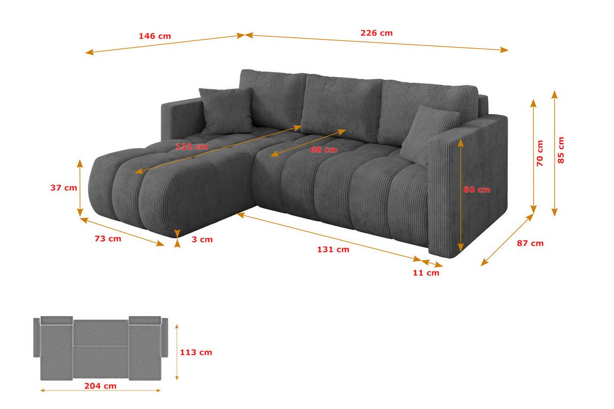 ECKSOFA mit Schlaffunktion Ottomane Links GARD-L 226x146x85 Dunkelgrau Cord - Dunkelgrau/Schwarz, Holzwerkstoff/Kunststoff (226/146cm) - ALTDECOR