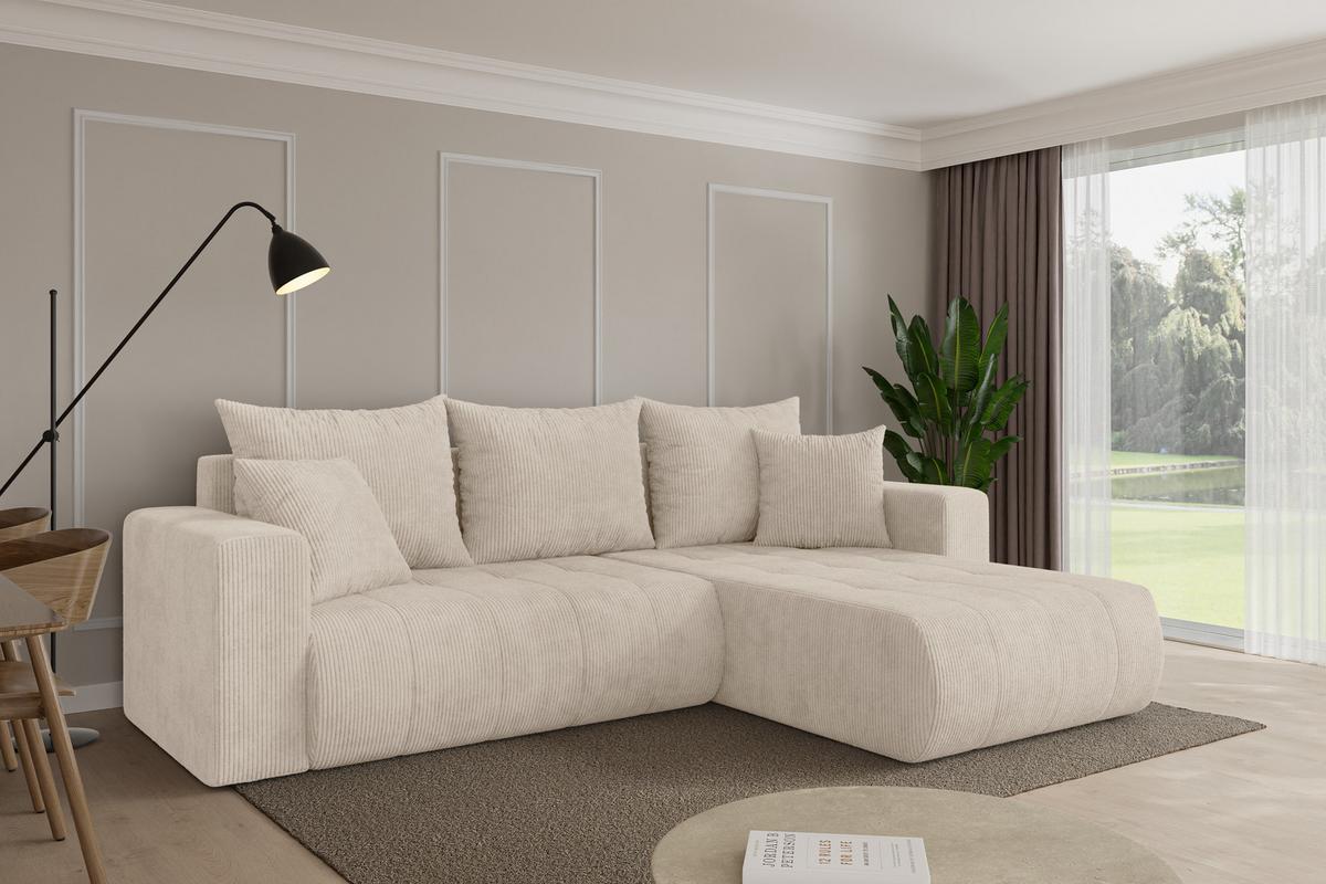 ECKSOFA mit Schlaffunktion Ottomane Rechts MILA-L 277x194x86 Beige Cord - Beige/Schwarz, Holzwerkstoff/Kunststoff (277/194cm) - ALTDECOR