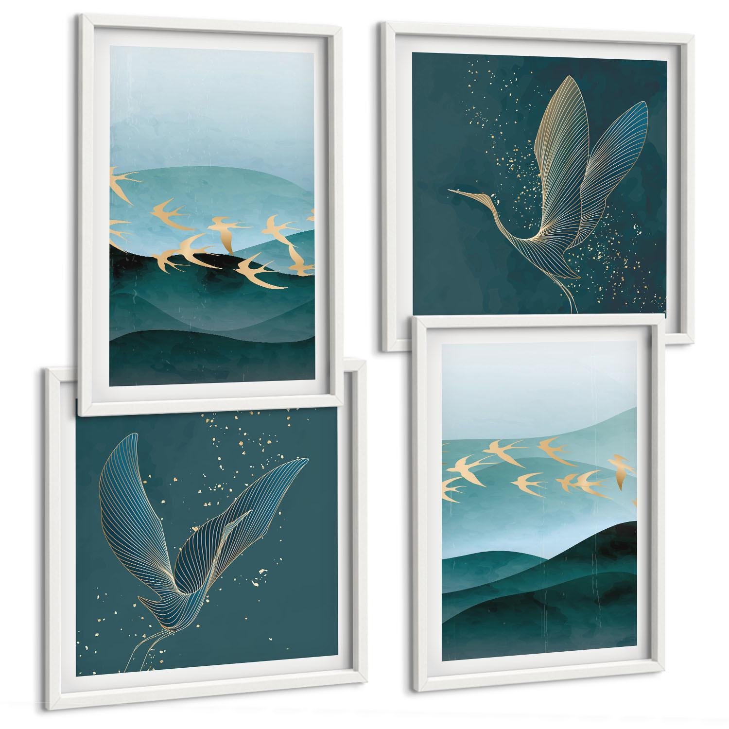 BILDER SET 4er Set - 50x50 cm & 40x60 cm Weißer Rahmen - Abstrakte Landschaften von Vogelwellen - Weiß, Kunststoff (50/50cm) - TULUP