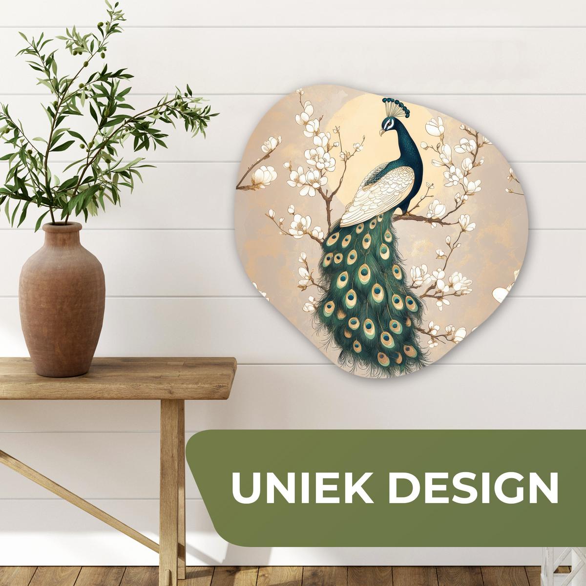 WANDBILD Pfau - Zweig - Blumen Wandbild 60x60 cm - Champagner, Kunststoff (60/60cm) - MuchoWow