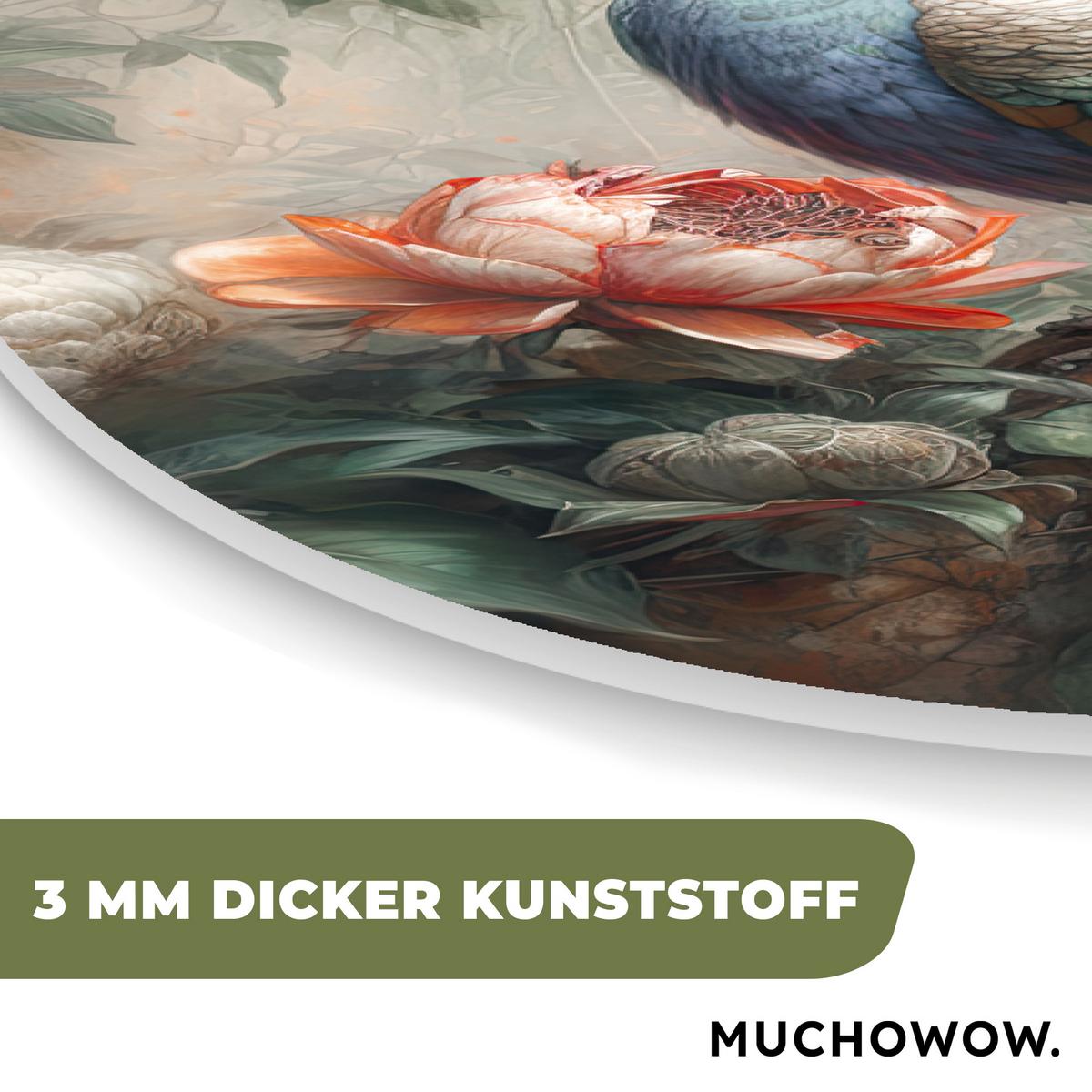 WANDBILD Pfau - Pfauenfedern - Vogel - Dschungel - Blumen Deko Groß 80x120 cm - Smaragdgrün, Kunststoff (80/120cm) - MuchoWow