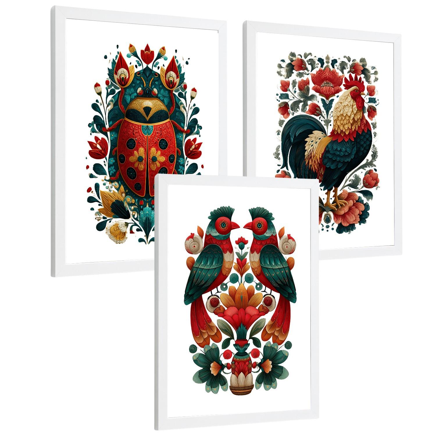 POSTER 3er-Set Kunstdrucke im Folk-Stil, dekorative Tier Blumenmotive, farbenfrohe Kunstposter für Zuhause, Wohnzimmer, Badezimmer Weißer Rahmen A4 - Weiß, Papier (29.7/21/3cm) - Nacnic
