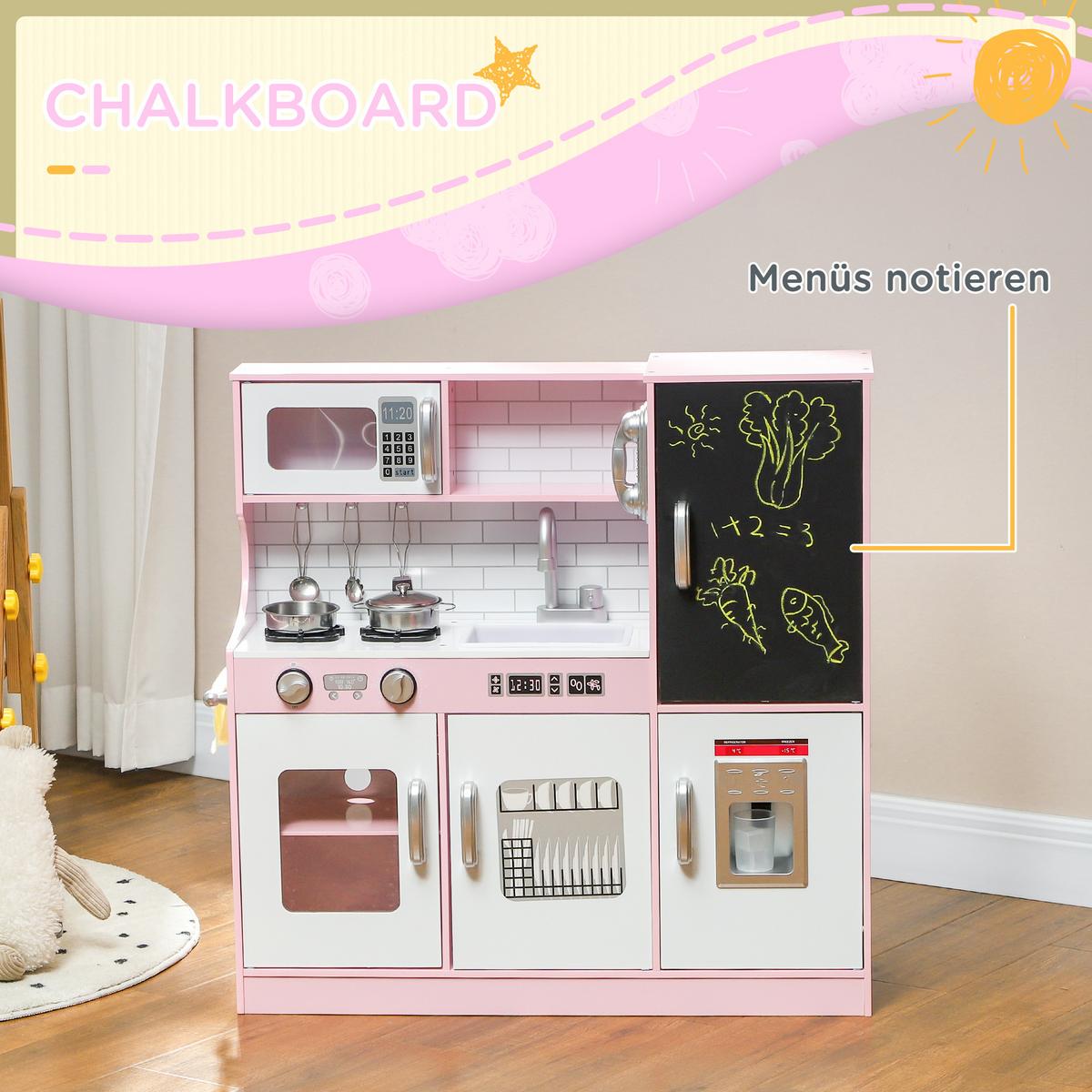 KINDERKÜCHE Spielküche mit Spielzeug Telefon, Kreidetafel, Mikrowelle, Herd Rosa - Hellrosa, Holzwerkstoff (83.8/26.8/81cm) - AIYAPLAY