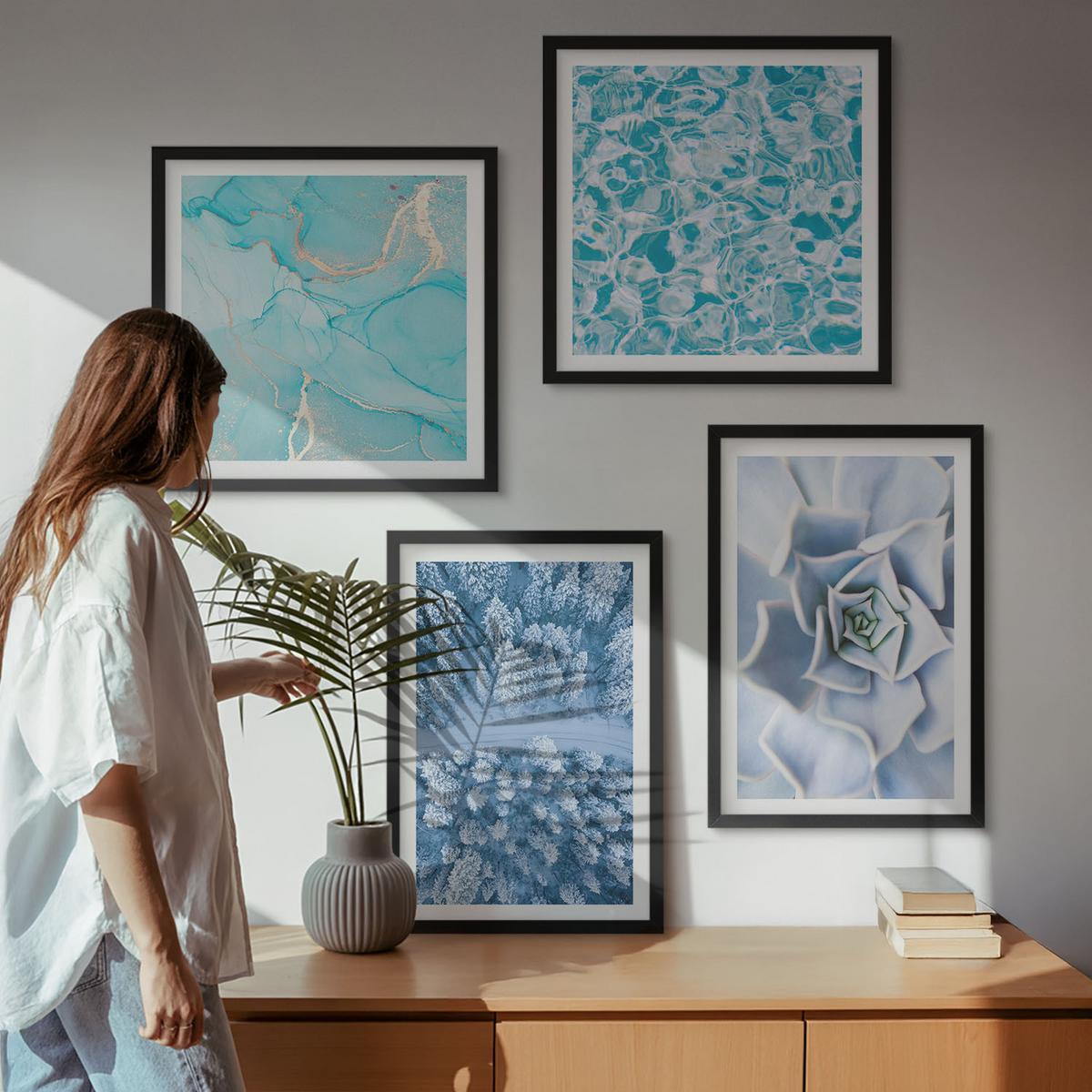 BILDER SET 4er Set - 50x50 cm & 40x60 cm Schwarzer Rahmen - Winterwald-Blaublume - Schwarz, Kunststoff (50/50cm) - TULUP