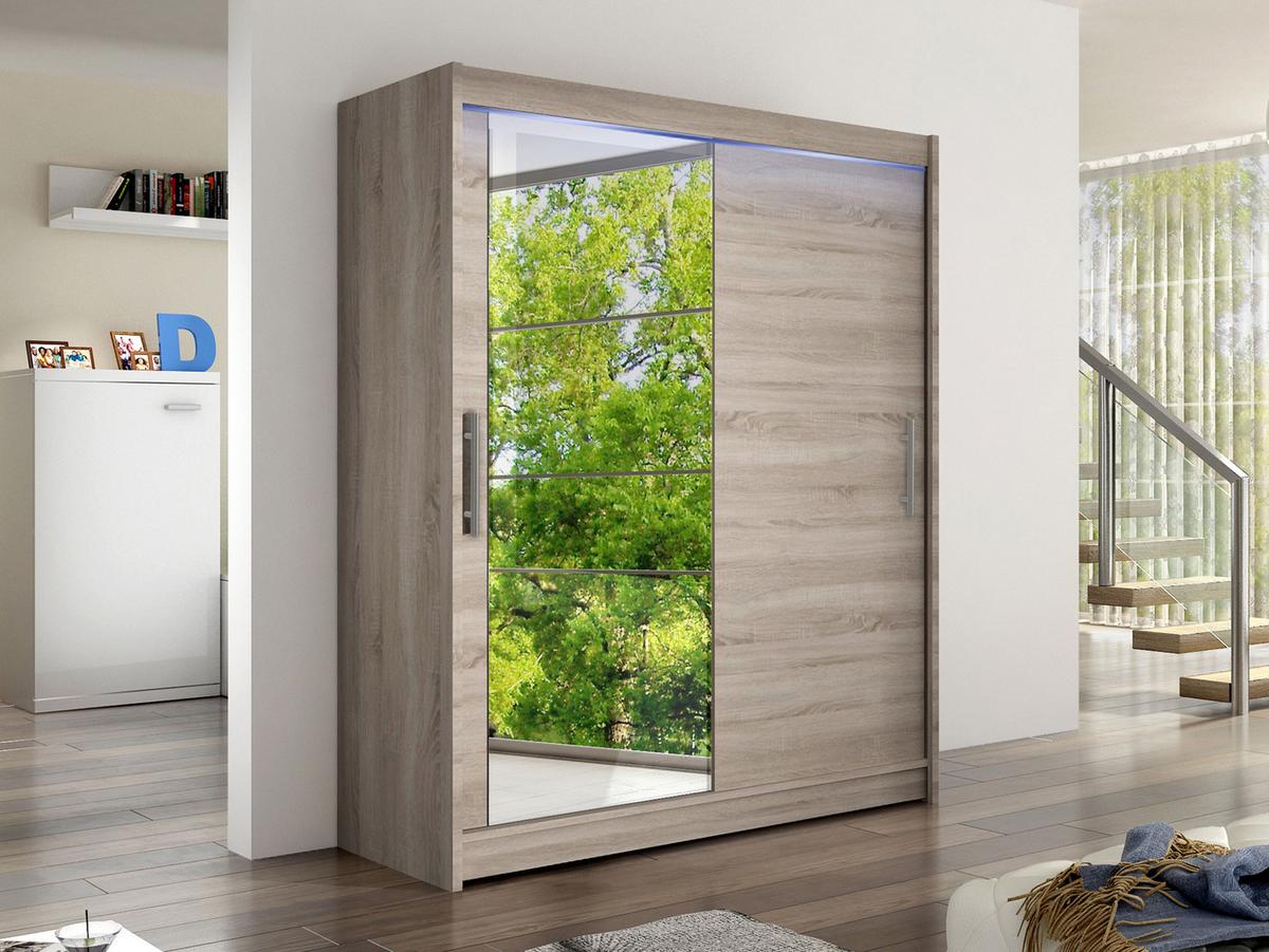 SCHWEBETÜRENSCHRANK Westa VI, mit RGB LED Beleuchtung - Silberfarben/Trüffeleichefarben, Holzwerkstoff/Metall (150/200/58cm) - MIRJAN24