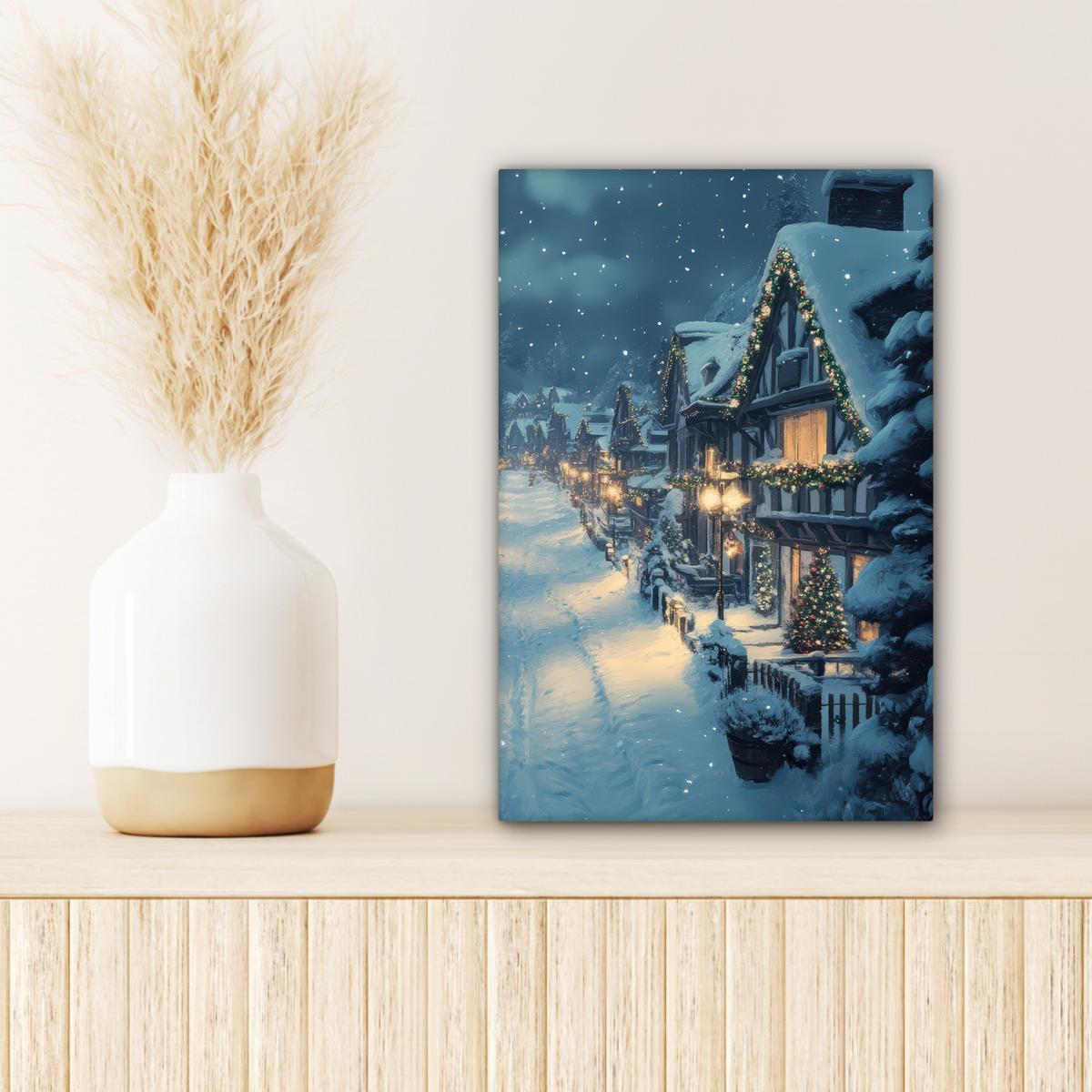 LEINWANDBILD Weihnachtsdorf - Weihnachten - Schnee - Winter Deko Wohnzimmer 20x30 cm - Dunkelblau, Textil (20/30cm) - MuchoWow