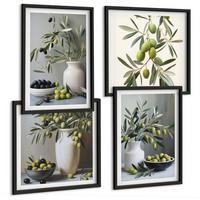 BILDER SET 4er Set - 50x50 cm & 40x60 cm Schwarzer Rahmen - Oliven in grauen Vasen - Schwarz, Kunststoff (50/50cm) - TULUP