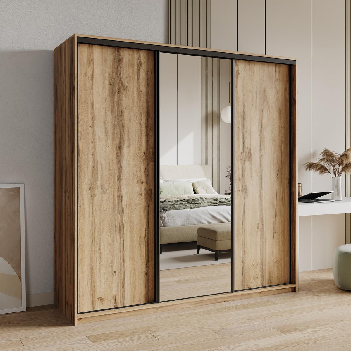 SCHWEBETÜRENSCHRANK TAVI 180/205/60 cm 3-türig mit Spiegel und Schubladen Eiche Wotan - Eiche Wotan/Schwarz, Holzwerkstoff (180/205/60cm) - MASSENO