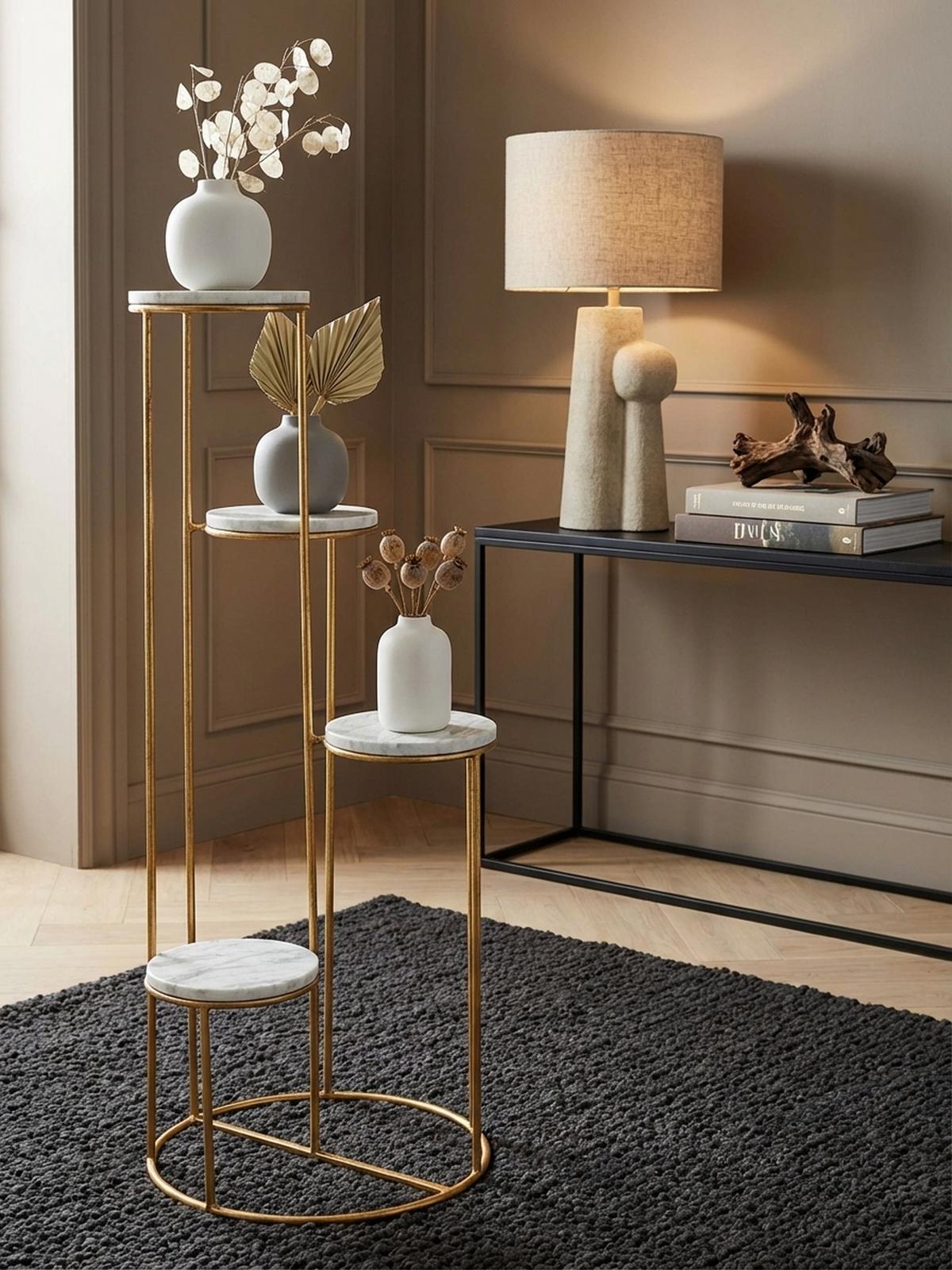 BLUMENSTÄNDER Weiß Marmor für Wohnzimmer und Dekoration - Goldfarben, Stein/Metall (37/37/108cm) - KADIMA DESIGN