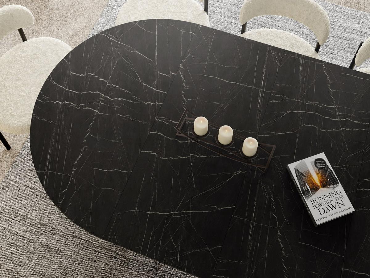 ESSTISCH Naro rund ausziehbar mit Schwarzem Lamellen-Metallgestell, Marmor Schwarz 100-180/100/76 cm - Anthrazit/Schwarz, Holzwerkstoff/Metall (100/176/76cm) - WFL GROUP