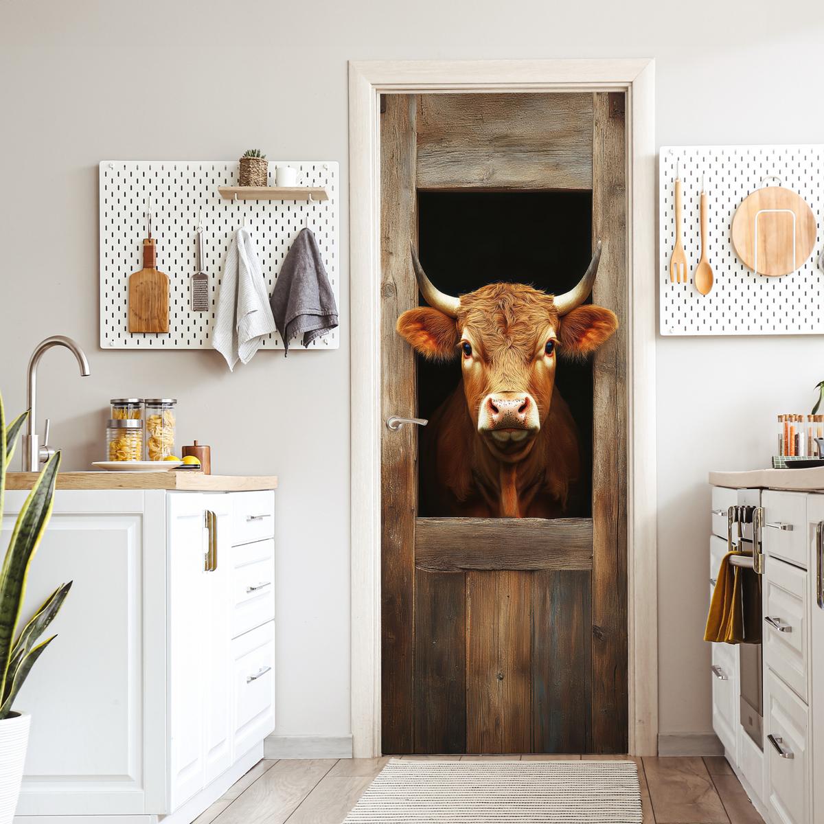 TÜRAUFKLEBER Kuh - Fenster - Holz - Tiere 80x215 cm - Türtapete - Wengefarben, Kunststoff (80/0.1cm) - MuchoWow