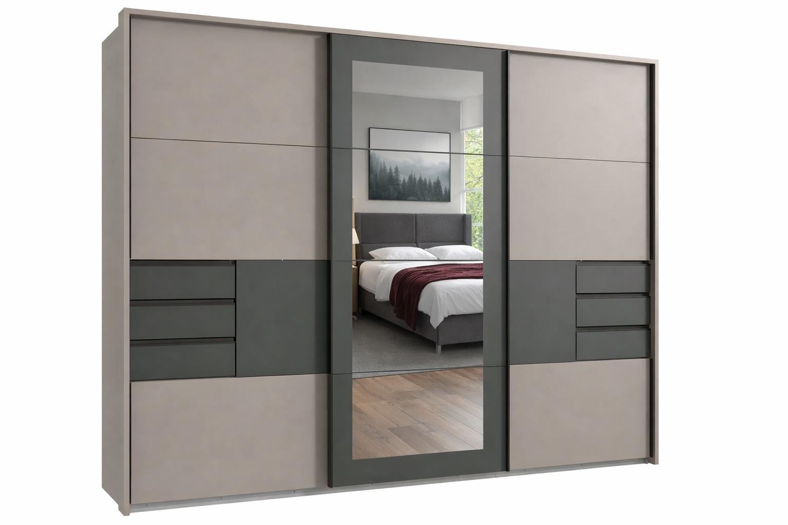 SCHWEBETÜRENSCHRANK 3-türig B273/H213/64 cm, Sandgrau mit Absetzungen in Grafit, Passepartout&Spiegel&Schubladen, Kleiderschrank inkl.Vollaus./ 22508 - Sandfarben/Blau, Holzwerkstoff/Metall (273/213/64cm) - luma-home