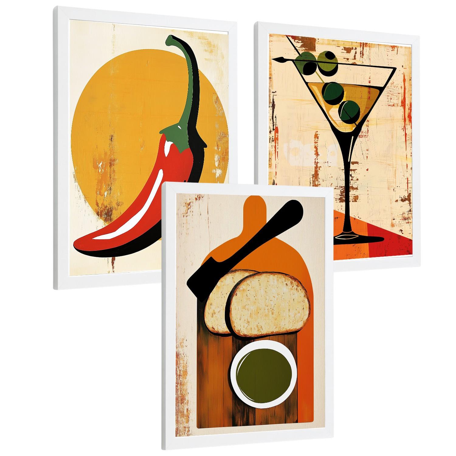 POSTER 3er Set Küchen-Wandbilder Vintage Chili Martini und Brot Olivenöl Retro Esszimmer Bar Deko Weißer Rahmen A3 - Weiß, Papier (29.7/1/42cm) - Nacnic