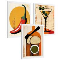 POSTER 3er Set Küchen-Wandbilder Vintage Chili Martini und Brot Olivenöl Retro Esszimmer Bar Deko Weißer Rahmen A3 - Weiß, Papier (29.7/1/42cm) - Nacnic