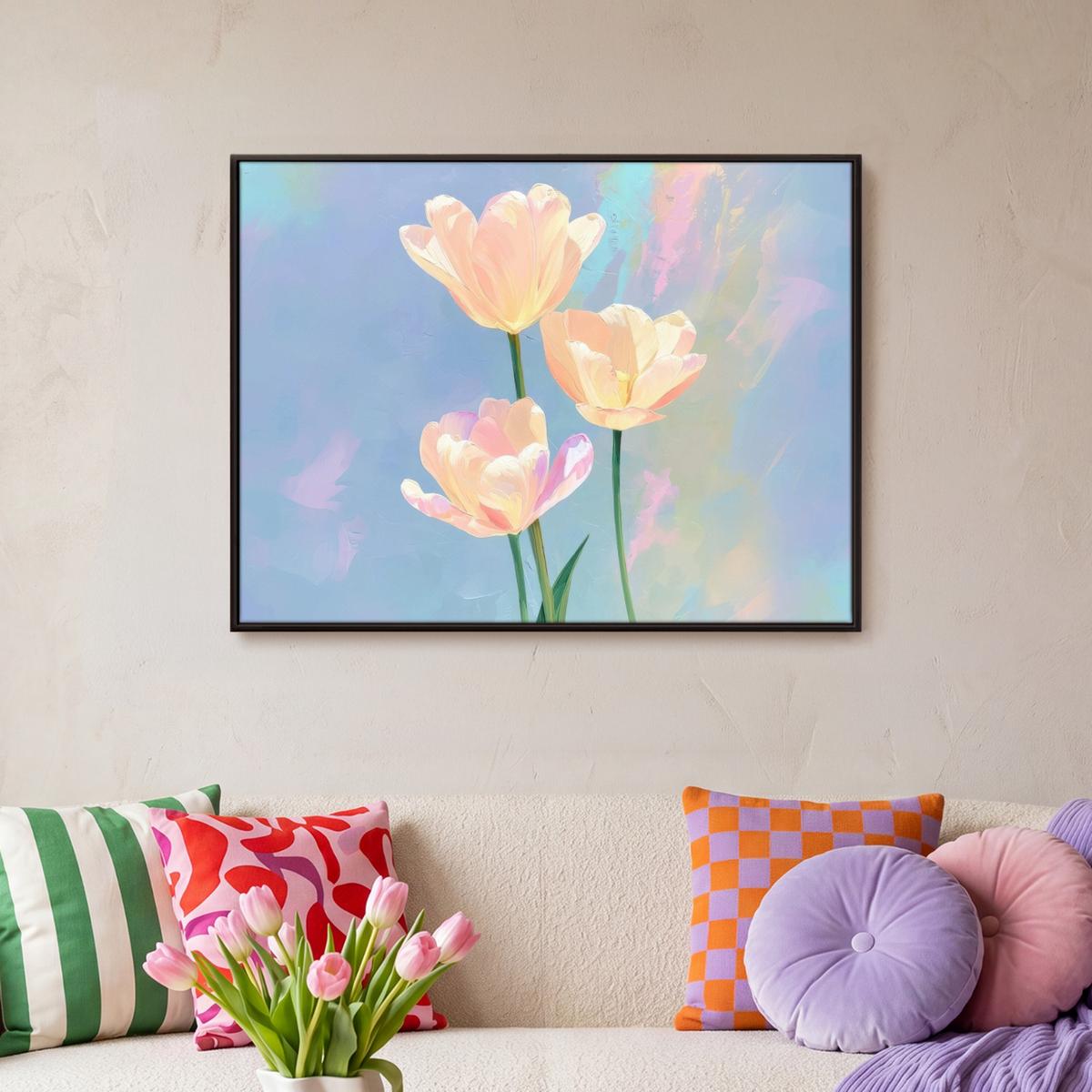 LEINWAND Bilder mit Rahmen - Tulpen - Rosa Akzente - Blau - 70x50 - Pastellblau, Textil (70/50cm) - MuchoWow