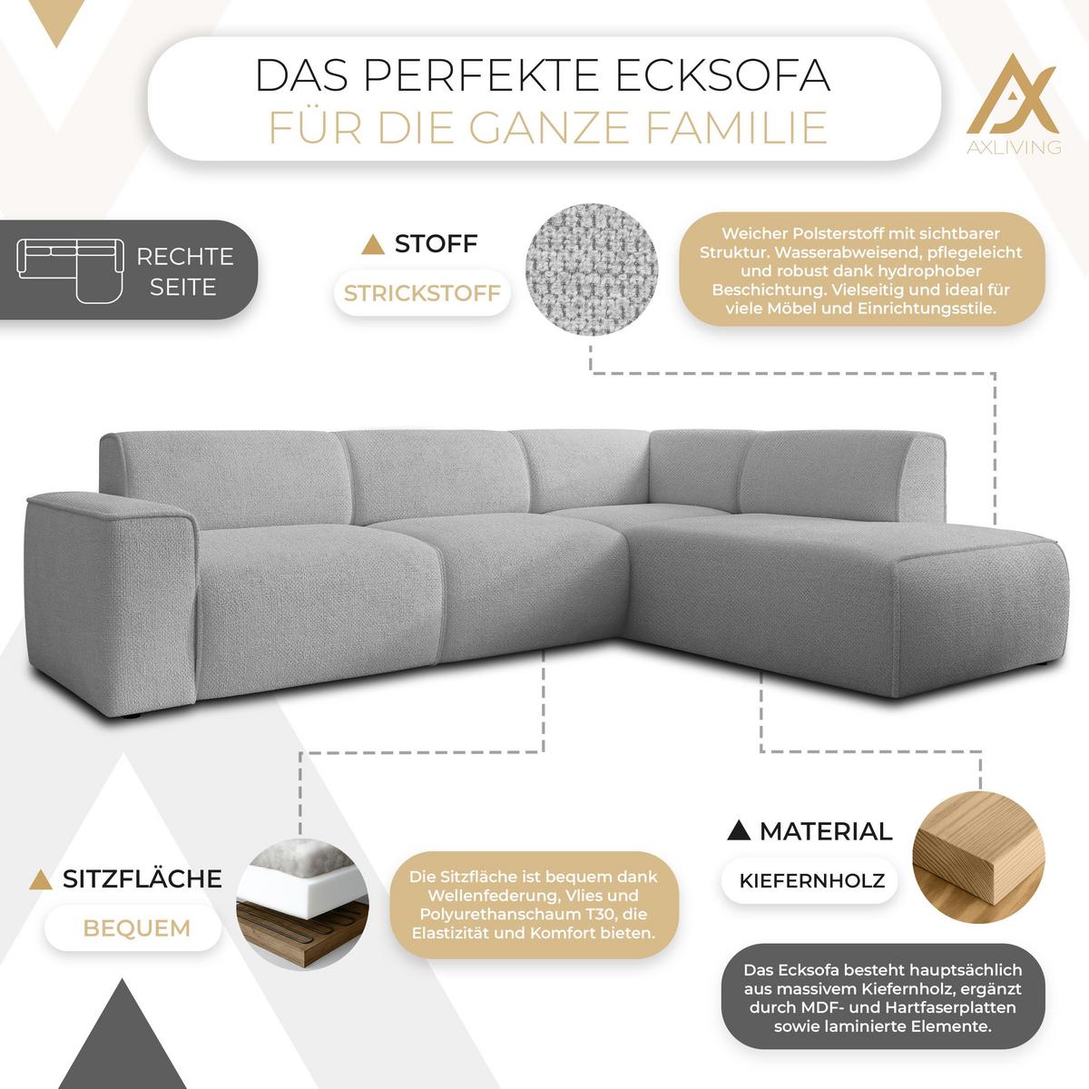 ECKSOFA L Form Didim Hellgrau 292/220/78 cm – großes Sofa stilvoll & bequem R - Hellgrau/Schwarz, Kunststoff/Textil (292/220cm) - AX Living