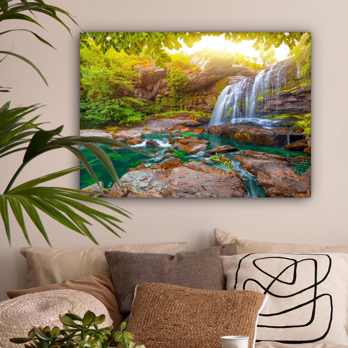 LEINWANDBILD Natur - Wasserfall - Pflanzen - Bäume - Sonne Wandbilder 80x60 cm - Olivgrün, Textil (80/60cm) - MuchoWow