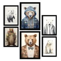 POSTER Set Mit 6 Bärenanzüge A3 & A4 Schwarzer Rahmen - Schwarz, Papier (29/3cm) - Nacnic