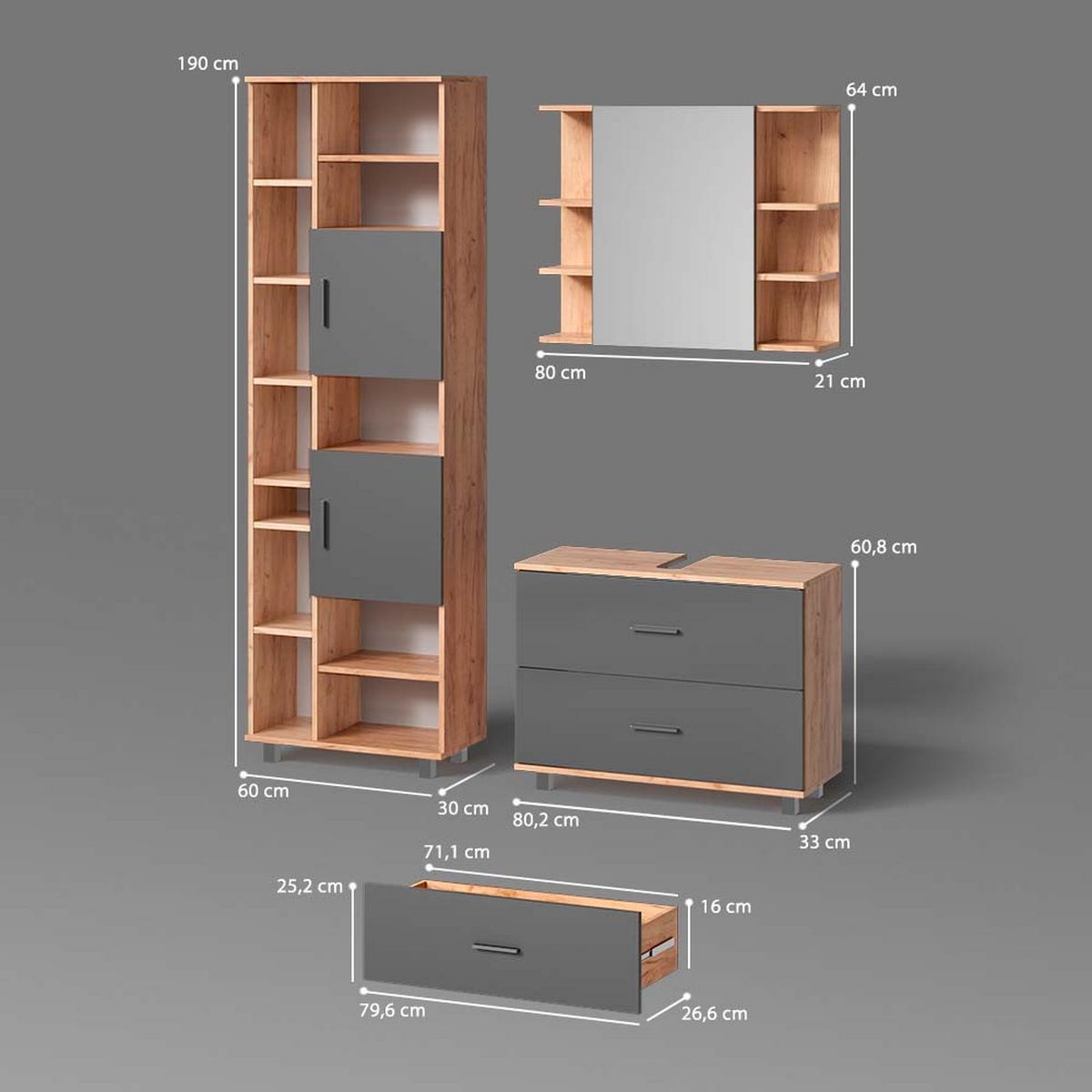 BADMÖBEL-SET Eisak Anthrazit/Goldkraft Eiche 3 Teile, mit Hochschrank - Honigeiche/Anthrazit, Holzwerkstoff (80/60/33cm) - Livinity®
