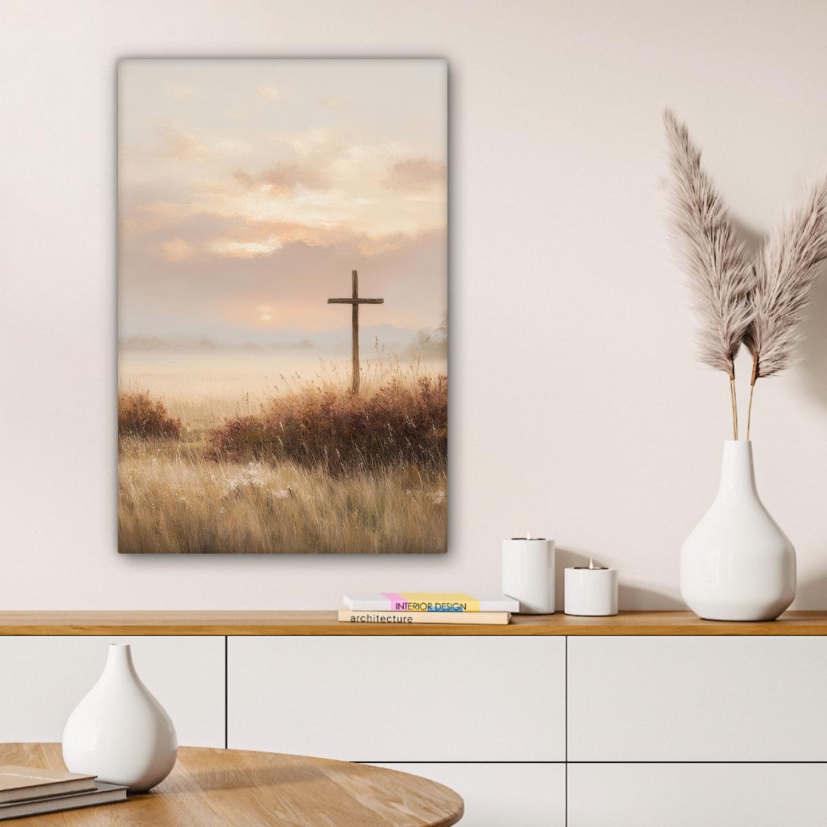 LEINWANDBILD Gras - Morgennebel - Kreuz - Christentum Wanddeko Schlafzimmer 60x90 cm - Beige, Textil (60/90cm) - MuchoWow