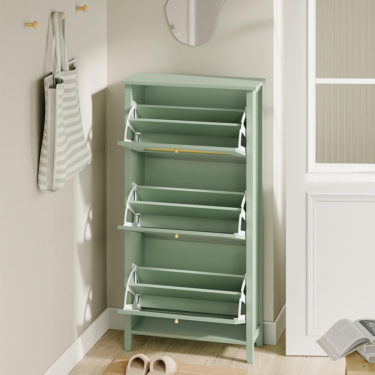 SCHUHSCHRANK Schmal mit 3 Klappen Grün 62x25x121,5cm - Grün, Holzwerkstoff (62/121/25cm) - SoBuy
