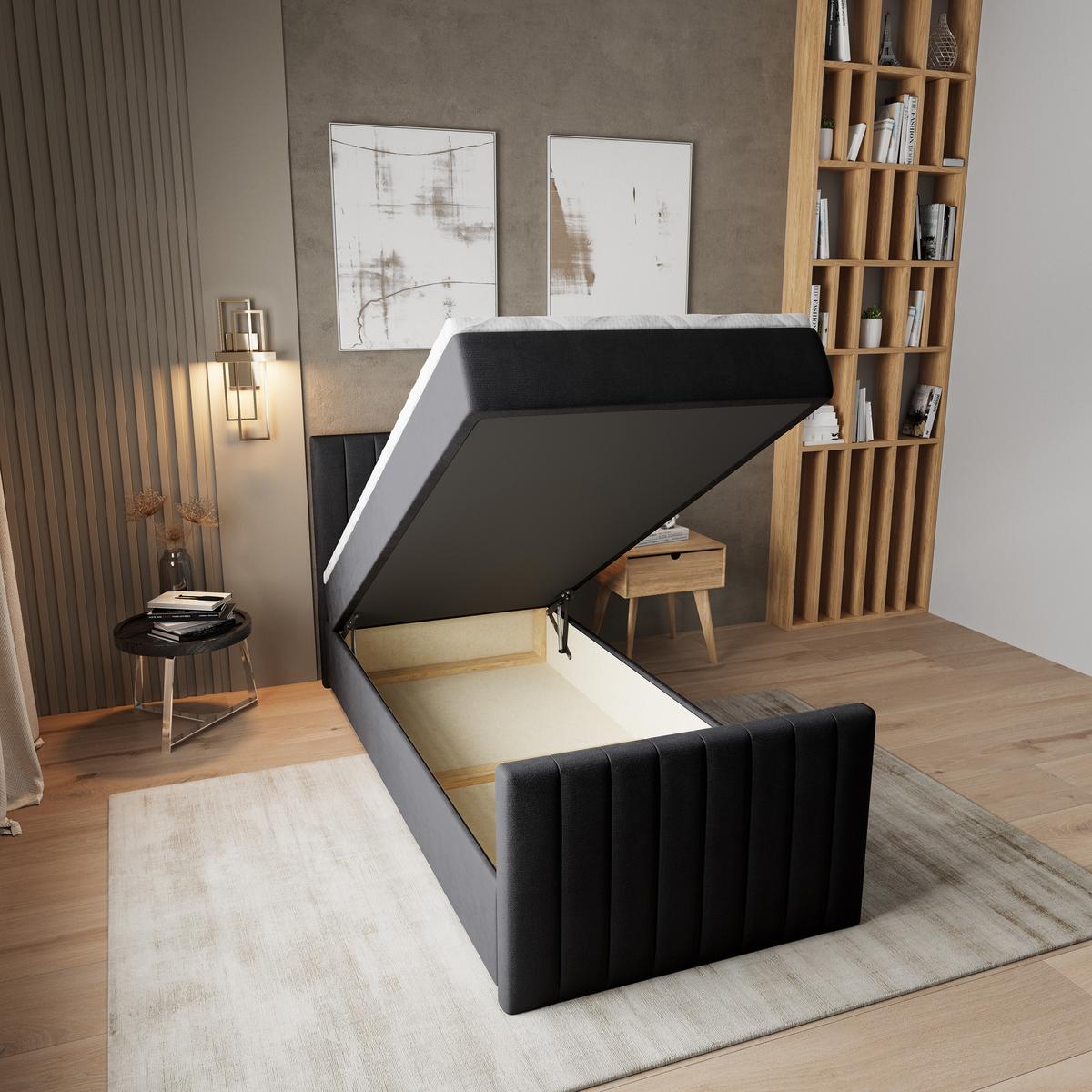 BOXBETT ARION 90 90x200 cm mit Matratze und Topper, H2+H3 - Schwarz - Schwarz, Holz (90/200cm) - MASSENO