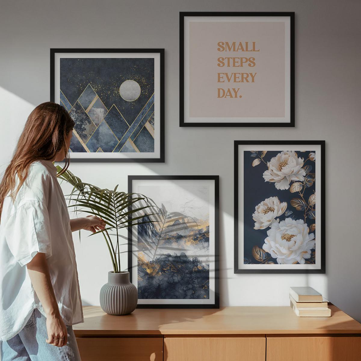 BILDER SET 4er Set - 50x50 cm & 40x60 cm Schwarzer Rahmen - Abstrakte Berge und Blumen Inspiration - Schwarz, Kunststoff (50/50cm) - TULUP