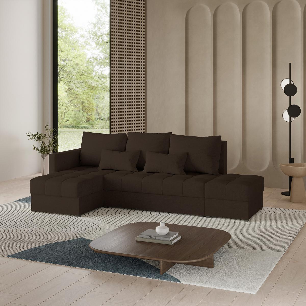 ECKSOFA LUMARI L-S Braun Plüsch-Stoff mit Schlaffunktion - Dunkelbraun, Holz (262/143cm) - MASSENO