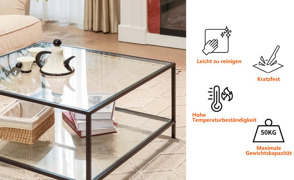 COUCHTISCH Glasplatte kratzfest & Metallgestell stabil 80X80cm - Schwarz, Glas/Metall (80/80/42cm) - Urban Meuble