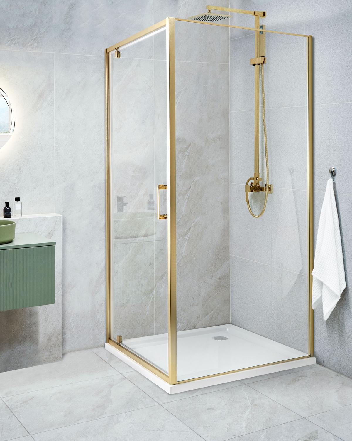 DUSCHKABINE 90/90/185 cm Gold Darli - Transparent, Glas (90/90/185cm) - Beliani