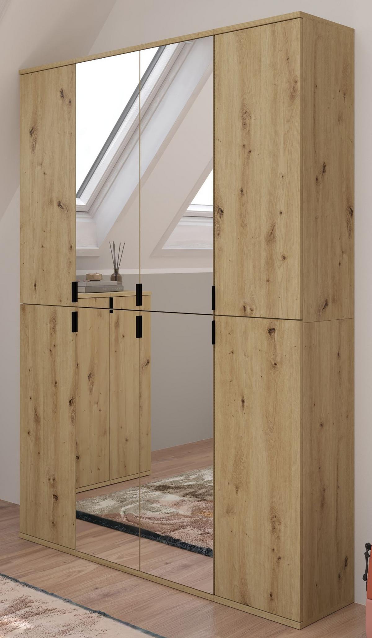 GARDEROBENSCHRANK Eiche Artisan 121 cm, Flurschrank mit Spiegel - Chromfarben/Schwarz, Glas/Holzwerkstoff (121/193/34cm) - Inn.Furn