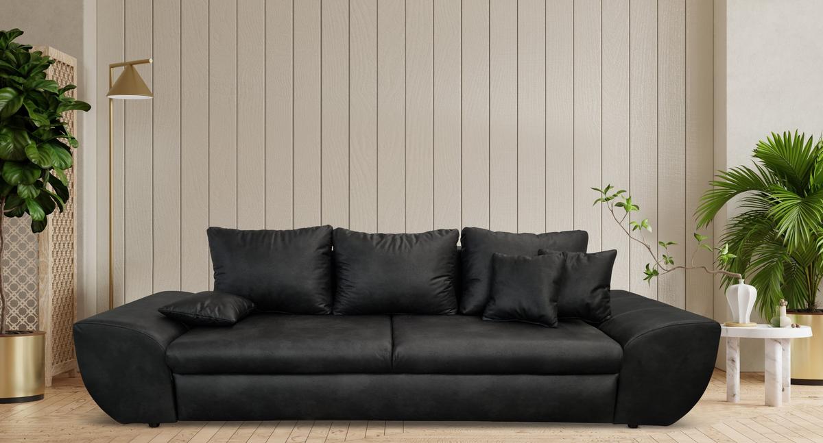 BIG-SOFA mit Schlaffunktion, Bettkasten, Wellenunterfederung B275/T98/H90 cm, Liegefläche 148x194 cm, Mikrofaser Leder-Optik Vintage Schwarz / 18010 - Schwarz, Kunststoff/Textil (275/90/98cm) - luma-home