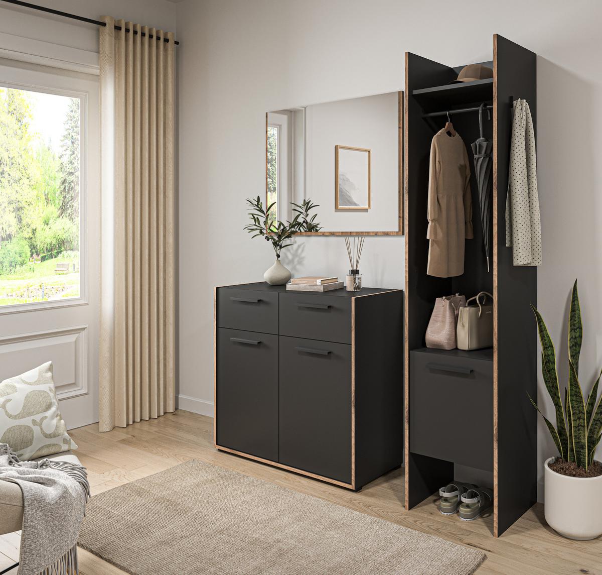 GARDEROBE-SET grau und Nox Eiche, Garderobenkombination 3-teilig, 152 x 189 cm, Salud - Dunkelgrau/Eichefarben, Holzwerkstoff/Kunststoff (152/189/37cm) - Inn.Furn