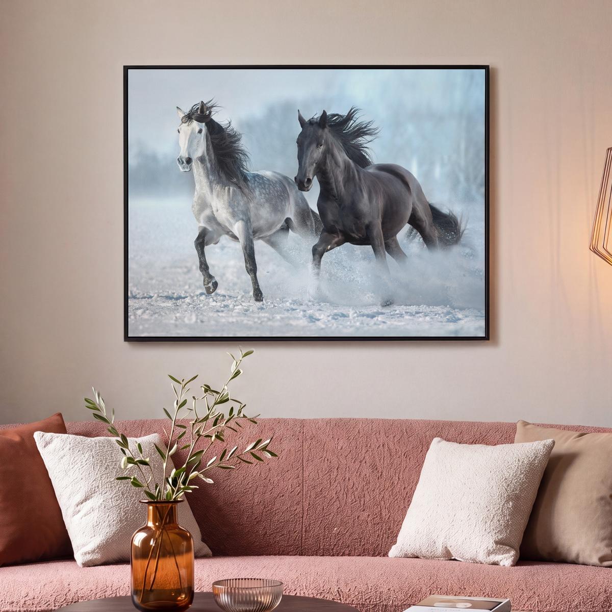 LEINWAND Bilder mit Rahmen - Pferde - Winter - Tiere - Natur - Schnee - 100x70 - Anthrazit, Textil (100/70cm) - MuchoWow
