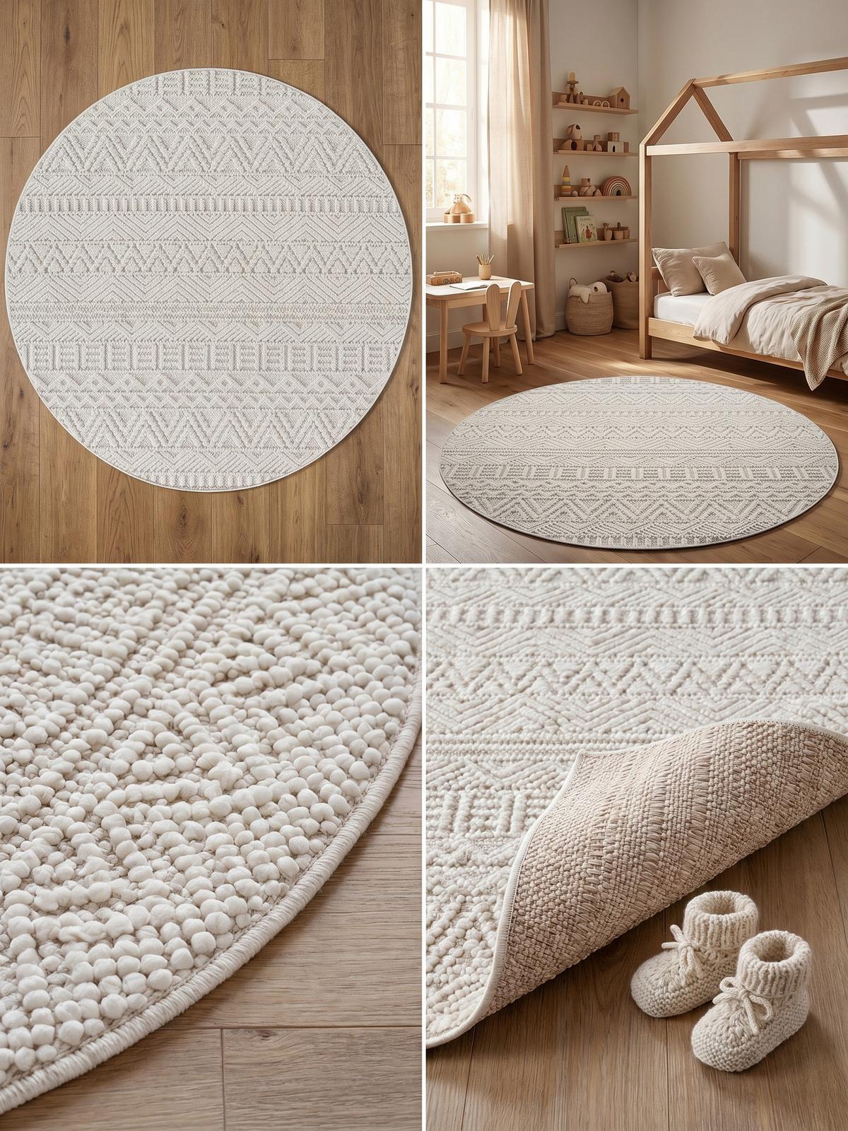 TEPPICH Flachgewebe LANGAU in Creme, mit Ethno-Streifen, Ø 120 cm - Creme, Textil (120/120cm) - KADIMA DESIGN