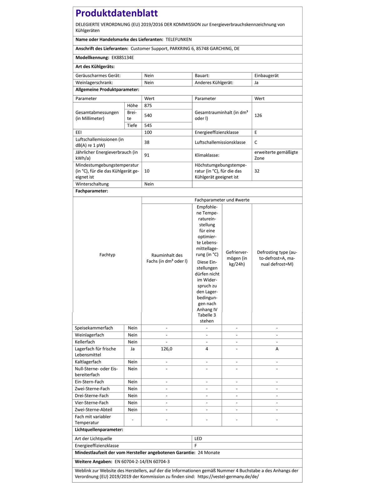KÜHLSCHRANK Einbau, ohne Gefrierfach, 88cm Nische, Schlepptür-Technik, 126 Liter Nutzinhalt, Temperaturregelung, weiß, EK88S134E - Weiß, Glas/Kunststoff (54/87.5/54.5cm) - Telefunken