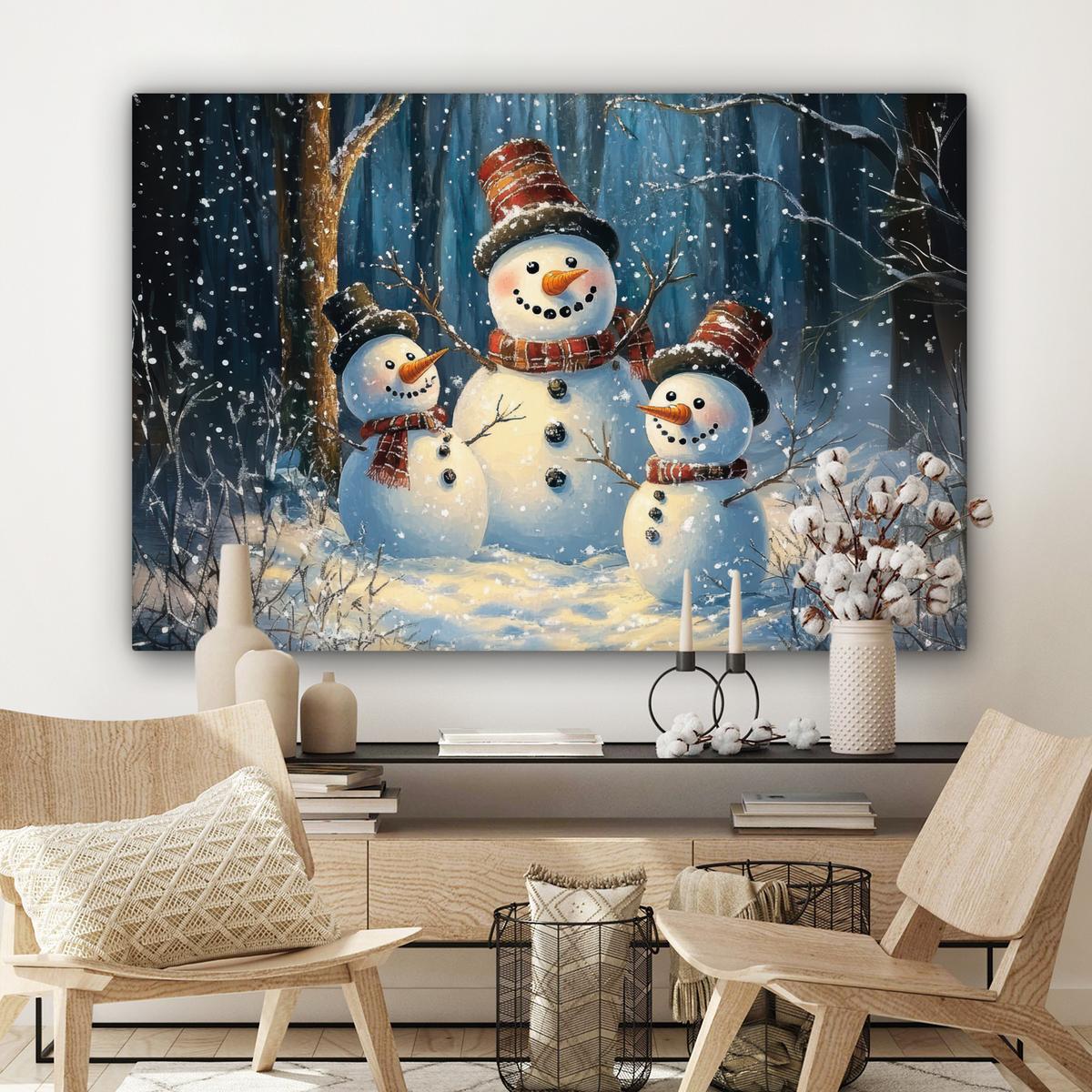 LEINWANDBILD Schneemann - Schnee - Winter - Wald Groß 140x90 cm - Hellblau, Textil (140/90cm) - MuchoWow